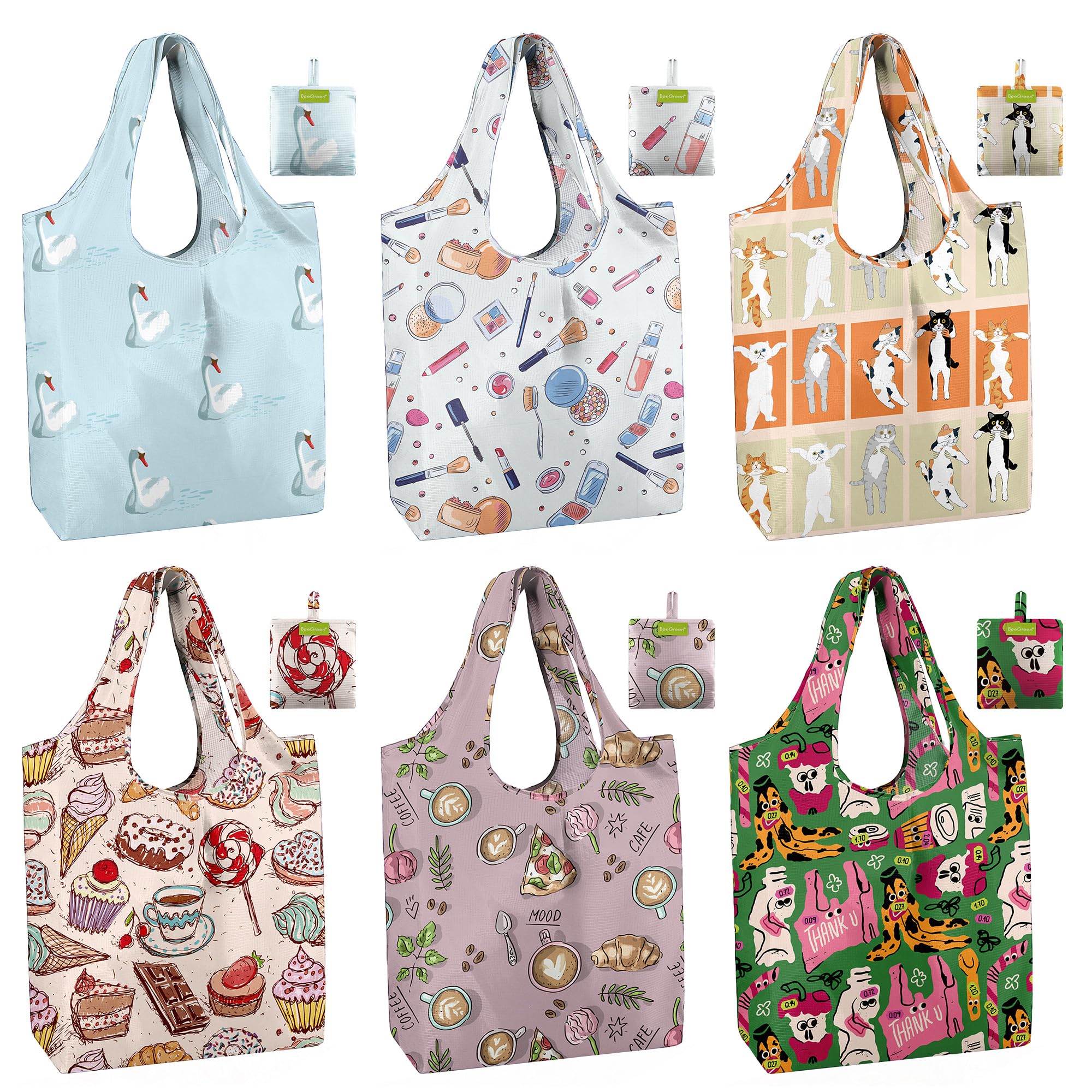 BeeGreen Christmas Reusable Gift Bags,6 Pack Large Holiday Tote Foldable Cloth Bag for Women, Cute Grocery Storage for Xmas Gifts Market Shopping, Washable Collapsible Reusable Bags with Handles